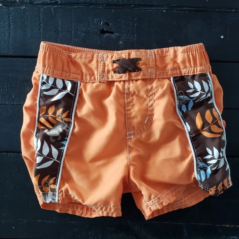 Baby Boy 3-6 Months Swim Trunks Orange Brown Blue Tropical Leaf Swimming Suit
